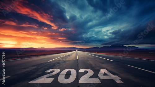 2024 is written on a road that stretches into the distance, as a symbol of the coming new year. dramatic sky photo