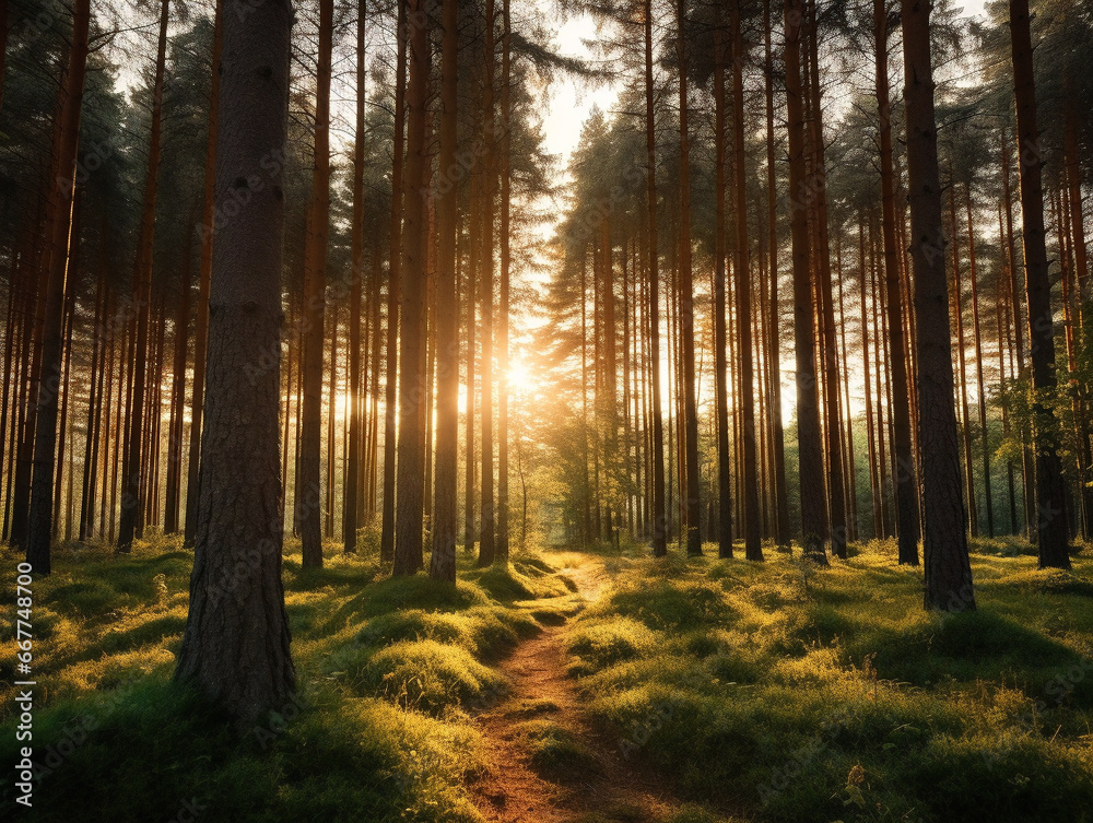 A serene forest with tall pine trees, bathed in soft sunlight and creating shadows.
