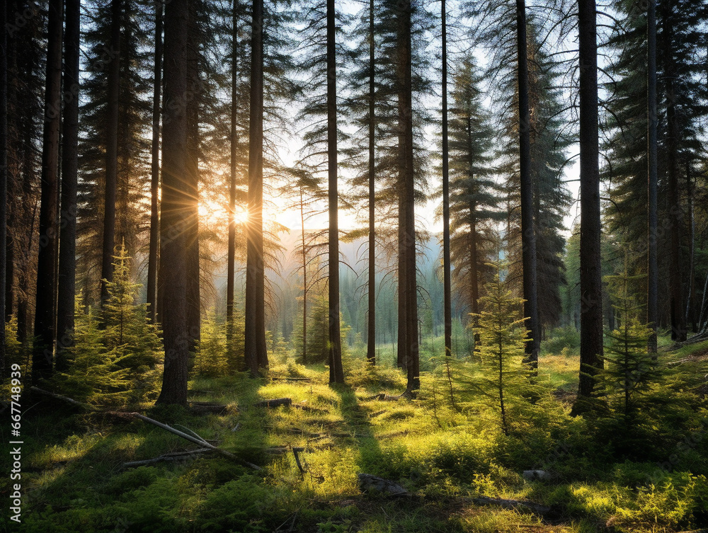 A tranquil pine forest illuminated by soft rays of sunlight, creating a serene atmosphere.