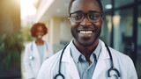 A young man, African American Doctor take a photo with his team, hospital building background.