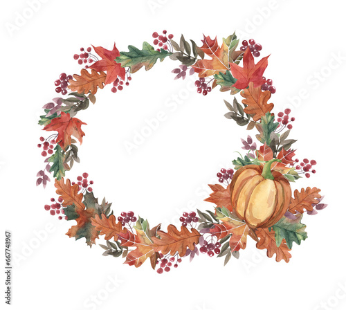 Autumn round frame  yellow branches with orange leaves and pumpkin  pumpkin and rowan berries  watercolor illustration isolated on a white background  background for inscriptions