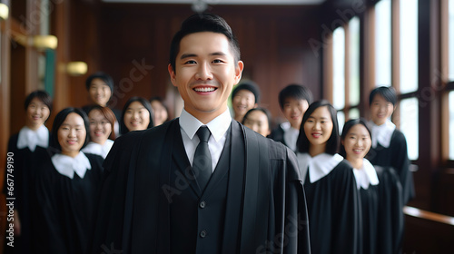 A young man, Asian lawyer take a photo with his team, Constitutional Court background.