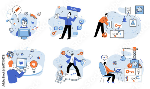 Startup idea. Vector illustration. Entrepreneurs envision possibilities others may overlook and transform abstract concepts into tangible products or services Imagination allows entrepreneurs