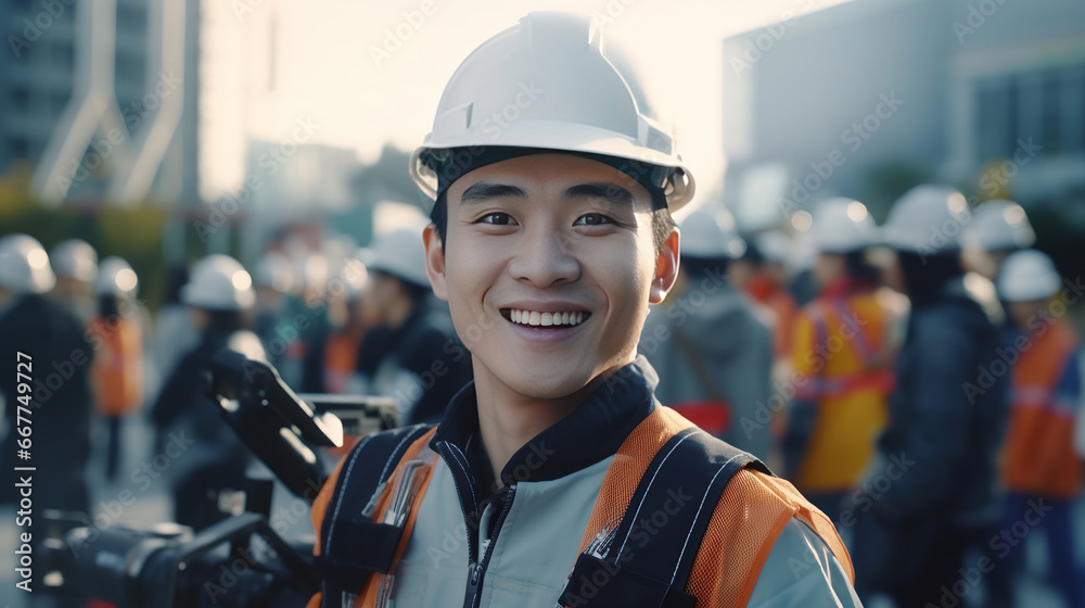 A young man, Asian Civil engineer take a photo with his team, Construction site background. A young man, Asian Civil engineer take a photo with his team, Construction site background.