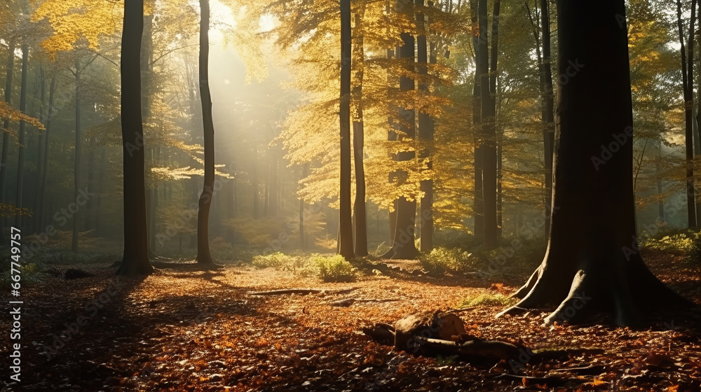 Fototapeta premium Beautiful autumnal forest into the morning light.