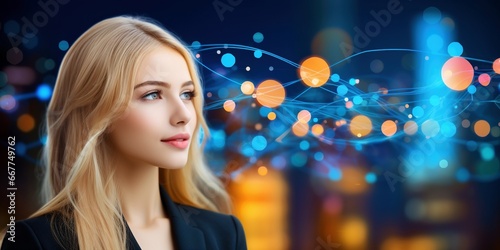 futuristic business wallpaper background featuring attractive business woman, network and internet elements