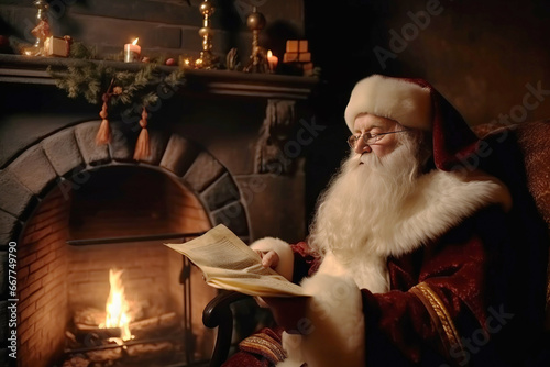 Santa Claus sitting near fireplace and reading Christmas letters or with list. AI generated.