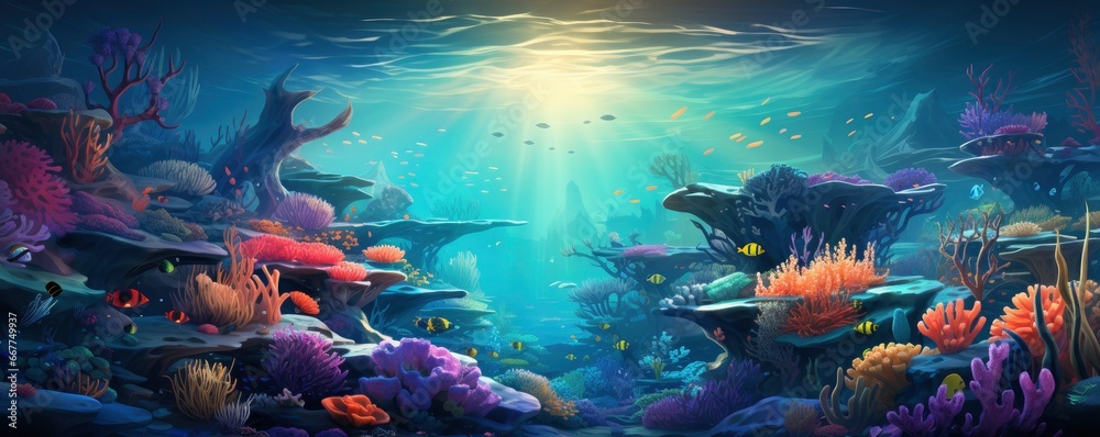 beautiful underwater scenery with various types of fish and coral reefs, Generative AI