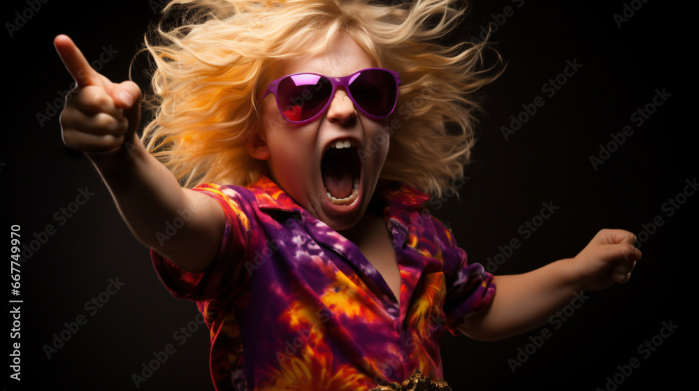 Hyperbole. Boy with blond hair and movement, with sunglasses, extravagant and rebellious, shouting and with one arm extended forward as a symbol of struggle. Studio lighting Hyperbole. Boy with blond hair and movement, with sunglasses, extravagant and rebellious, shouting and with one arm extended forward as a symbol of struggle. Studio lighting