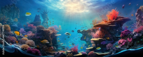 beautiful underwater scenery with various types of fish and coral reefs  Generative AI