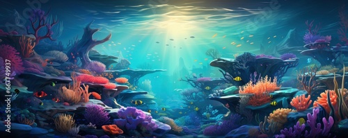 beautiful underwater scenery with various types of fish and coral reefs, Generative AI © kanesuan