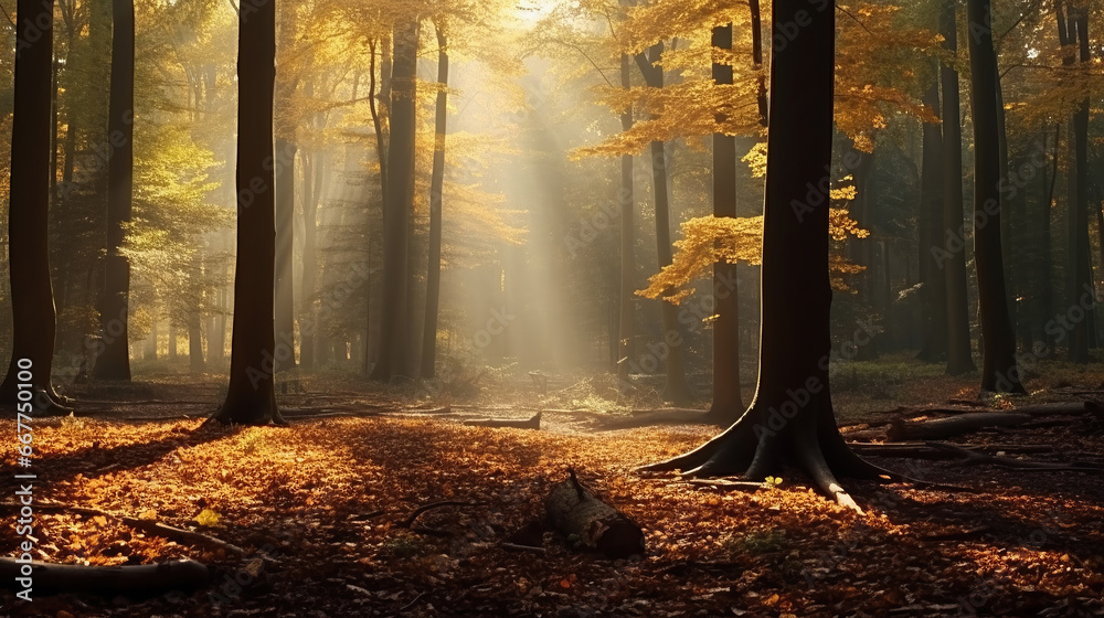 Beautiful autumnal forest into the morning light.