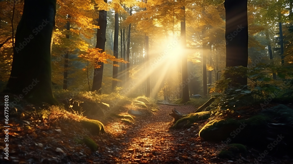 Fototapeta premium Beautiful autumnal forest into the morning light.