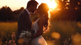 Beautiful bride and groom at sunset in green nature.