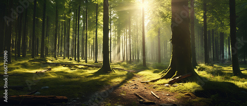 Beautiful forest panorama with large trees and bright sun  wide angle lens.