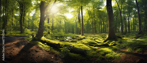 Beautiful forest panorama with large trees and bright sun, wide angle lens. © Santy Hong