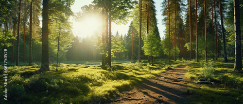Beautiful forest panorama with large trees and bright sun, wide angle lens. photo