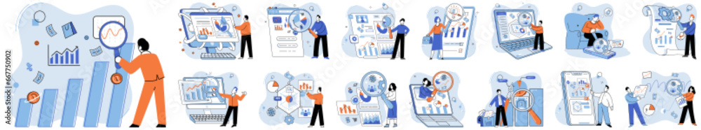 Market research. Vector illustration. Analyzing market trends enables businesses to make informed strategic decisions Thorough research and development foster innovation in market Comprehensive market - obrazy, fototapety, plakaty 