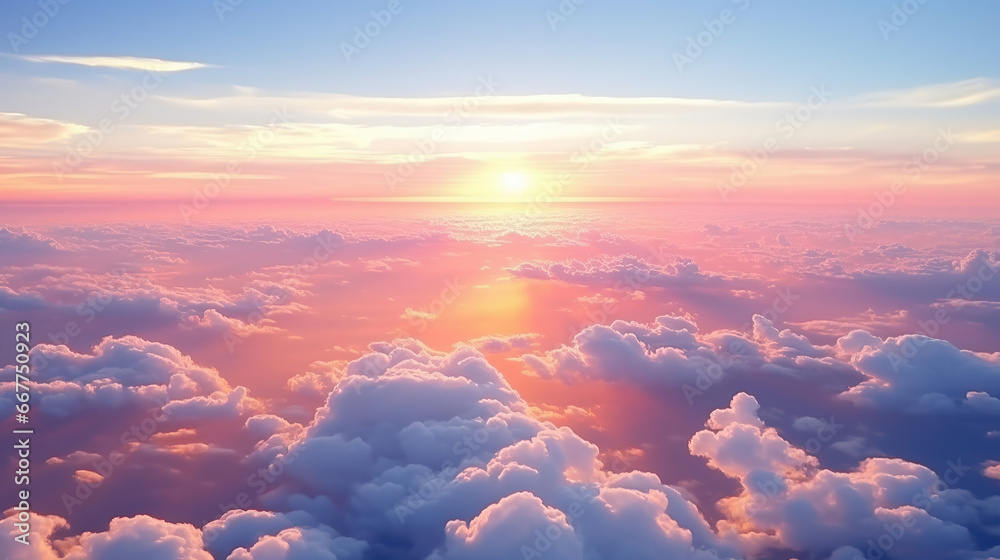 Beautiful sunset sky above clouds with dramatic light. Cabin view from airplane. - obrazy, fototapety, plakaty 