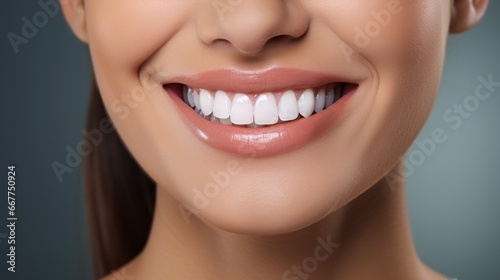 Closeup of Woman smile.Beautiful wide smile of young fresh women with great healthy white teeth.Pretty woman smile against a grey background with copyspace