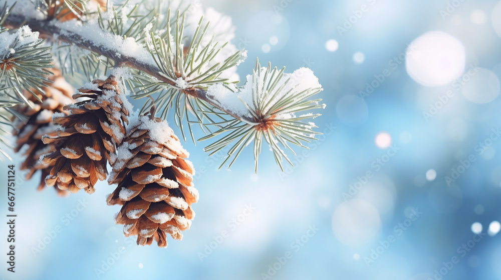 Christmas snowy winter holiday celebration greeting card - Closeup of oine branch with pine cones and snow, defocused blurred background with blue sky and bokeh lights and snowflakes. - obrazy, fototapety, plakaty 