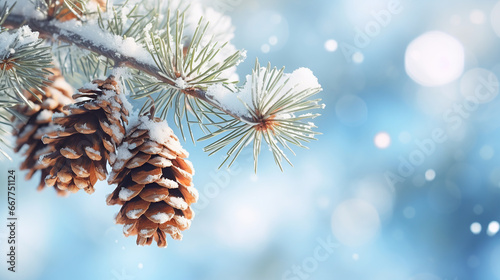 Christmas snowy winter holiday celebration greeting card - Closeup of oine branch with pine cones and snow, defocused blurred background with blue sky and bokeh lights and snowflakes. photo