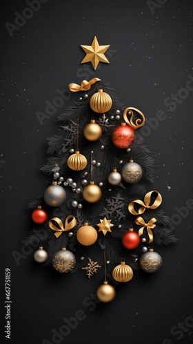 Christmas tree decorated with golden and red baubles on black background