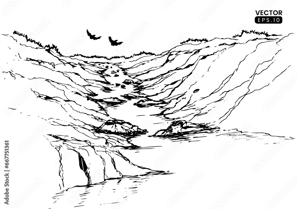 Fototapeta premium Hand drawn vector illustration. landscape sketch with river on main view vector formats
