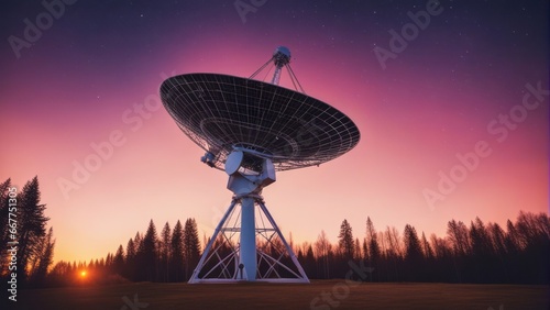 Radio telescope points to the sky with aurora