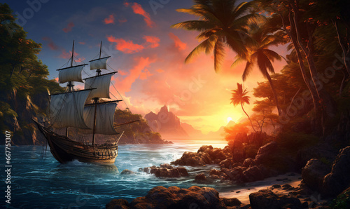 Pirate sailboat near mystical treasure island at sunset. AI digital art