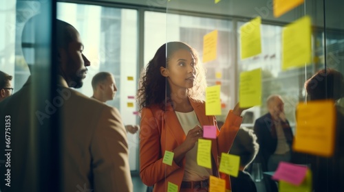 Business people meeting at office and use post it notes to share idea.Profession businesswomen,businessmen and office workers working in team conference Brainstorming concept.Sticky note on glass wall