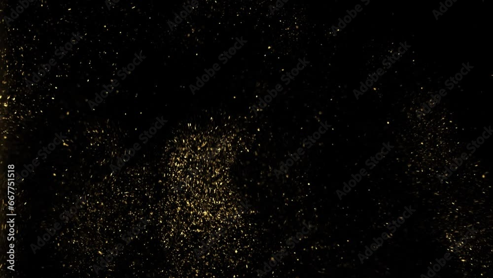 Gold particles abstract background with golden shining stars dust bokeh glitter awards dust. Futuristic glittering fly movement flickering loop in space on black background. Gold particles abstract background with golden shining stars dust bokeh glitter awards dust. Futuristic glittering fly movement flickering loop in space on black background.