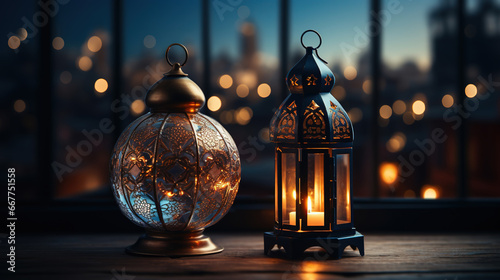 Ramadan Arabian Vintage Lantern with Burning Candle on Defocused Background © Image Lounge