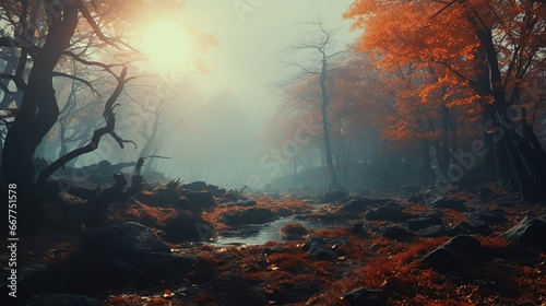 Fairy forest in fog. Fall woods. Enchanted autumn forest in fog in the morning. Old Tree. Landscape with trees, colorful orange and red foliage and blue fog. Nature background. Dark foggy forest.