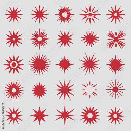 Set of red starburst. Price sticker, sale sticker, price tag, starburst, quality mark, retro stars, sale or discount © mau studio