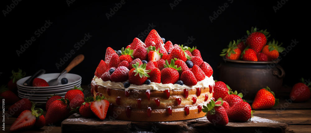 Food bakery bake photography background - Strawberry cake on plate, with strawberries berries decoration on dark table. Food bakery bake photography background - Strawberry cake on plate, with strawberries berries decoration on dark table.