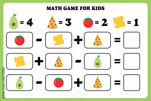 Math game for kids. Addition and subtraction activity for preschool, kindergarten or elementary students. Learning mathematic. Printable worksheet design.