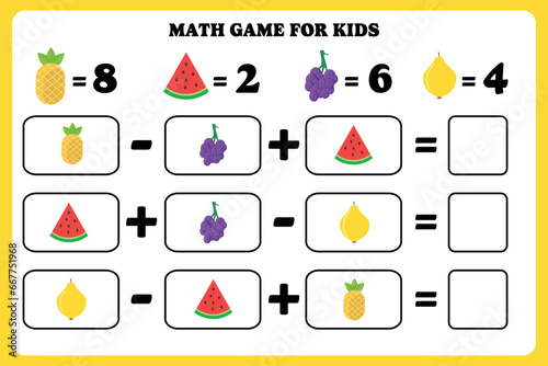 Math game for kids. Addition and subtraction activity for preschool, kindergarten or elementary students. Learning mathematic. Printable worksheet design.