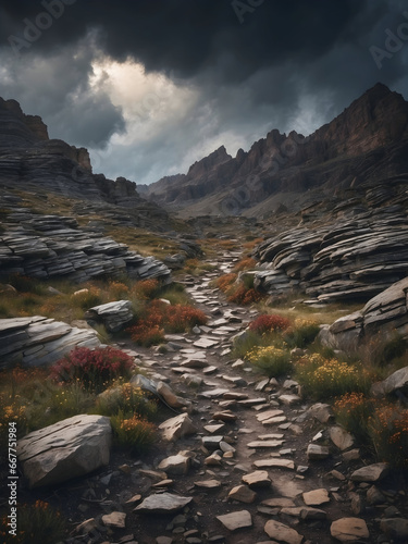 A winding path through a rocky terrain under a stormy sky. Generative AI
