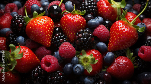 Bunch of Mixed Fresh Strawberries and Black Berries with Water Drops on Defocused Background