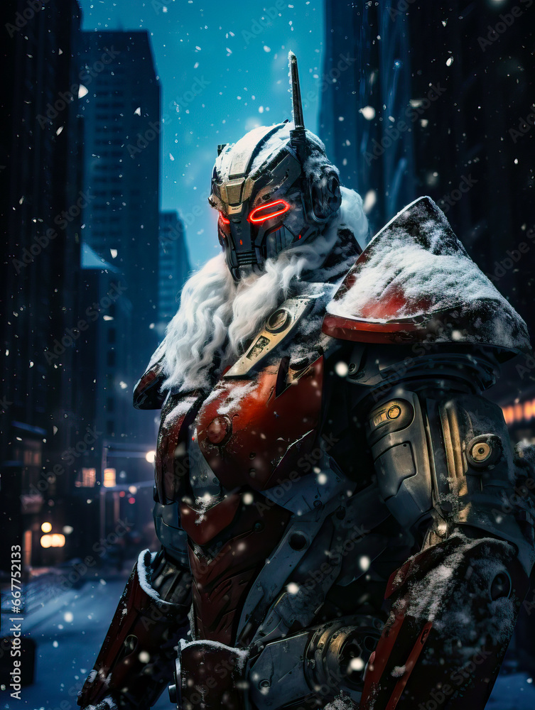 Futuristic Santa Claus like a cyborg in a snowy city at night. Funny technological christmas concept. Futuristic Santa Claus like a cyborg in a snowy city at night. Funny technological christmas concept.