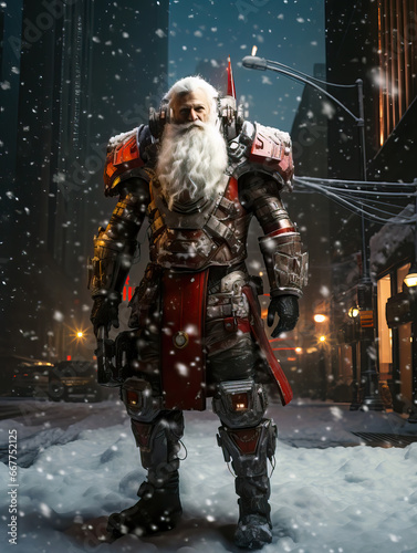 Futuristic Santa Claus like a cyborg in a snowy city at night. Funny technological christmas concept.
