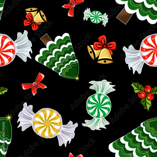 Fotografía Seamless pattern of spruce, holly, bells and bow, multi-colored candy Digital il