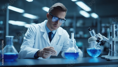 Scientist in laboratory analyzing blue substance in beaker, conducting medical research for pharmace © Adi