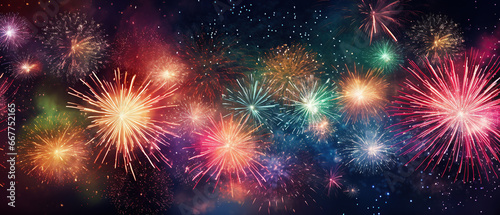 HAPPY NEW YEAR 2024 - Firework New Year s Eve Party festival celebration holiday background banner greeting card - Closeup of colorful fireworks pyrotechnics in the night.