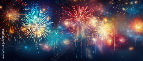 HAPPY NEW YEAR 2024 - Firework New Year's Eve Party festival celebration holiday background banner greeting card - Closeup of colorful fireworks pyrotechnics in the night.
