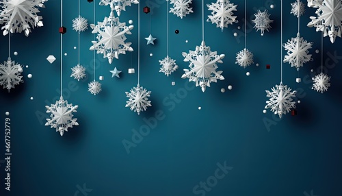 Christmas Background With Paper Cut Snowflake Hanging Snowflake Decoration. Winter Wallpaper. Snow Backdrop. Illustration