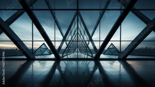 architecture of geometry at glass window,roof of moden buildings,Empty Long Light Corridor.Modern background.Futuristic Sci-Fi Triangle Tunnel photo