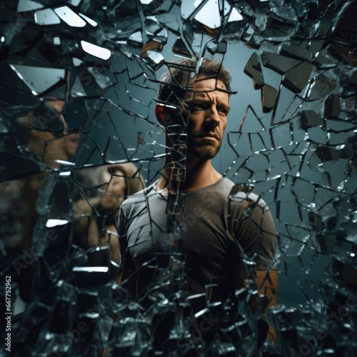 A man standing in front of a shattered glass or mirror wall, AI photo