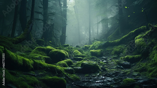 Magic deep forest with moss and fog.